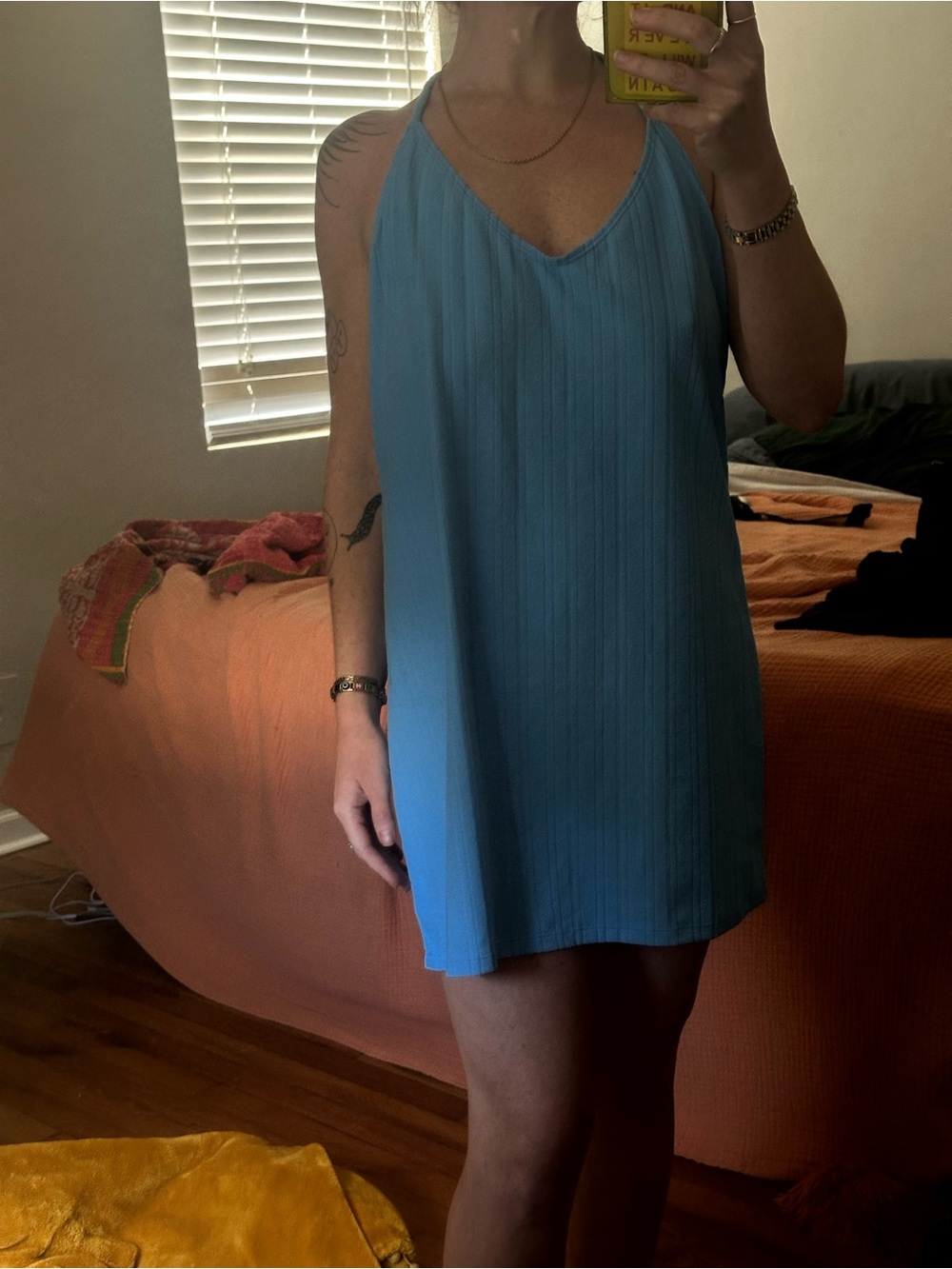 wild fable pool blue halter dress. Halter is tie around neck.